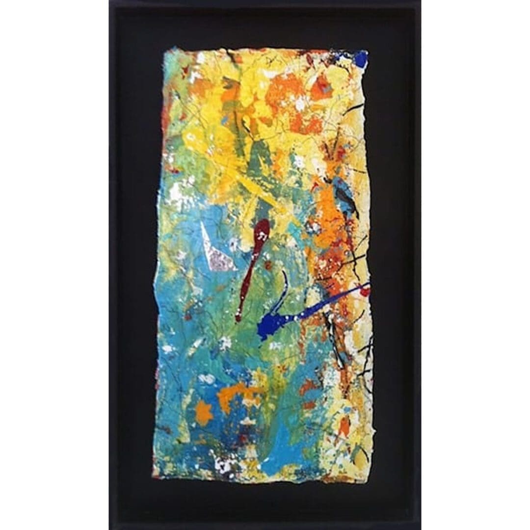 Abstract painting with vibrant colors and splatters.