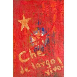Red abstract painting with star and text.