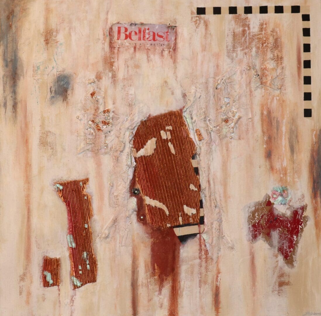Abstract painting with earthy tones and textured patches.