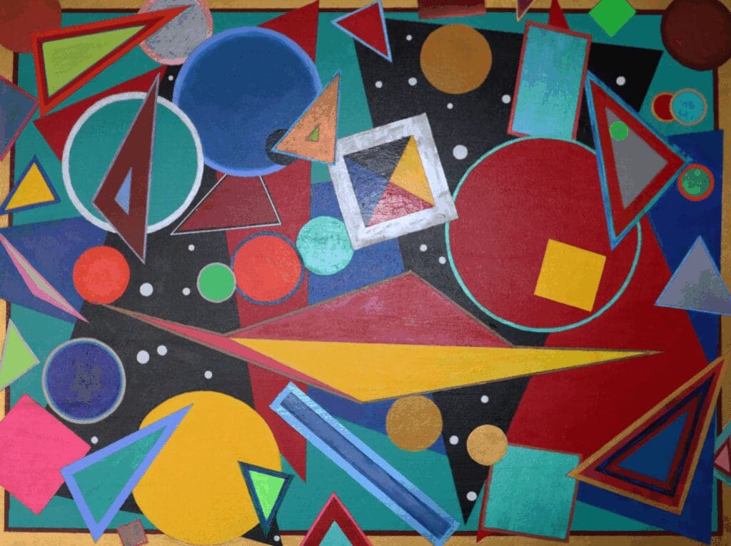 Abstract geometric shapes in vibrant colors against a dark background.