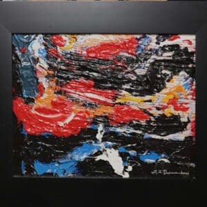 Abstract colorful painting with black frame.