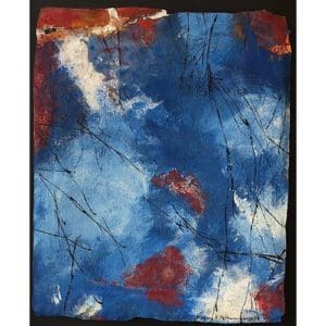 Abstract painting with blue, red, white colors.