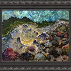Abstract painting of swirling water and rocks.