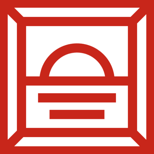 Red geometric pattern on black background.