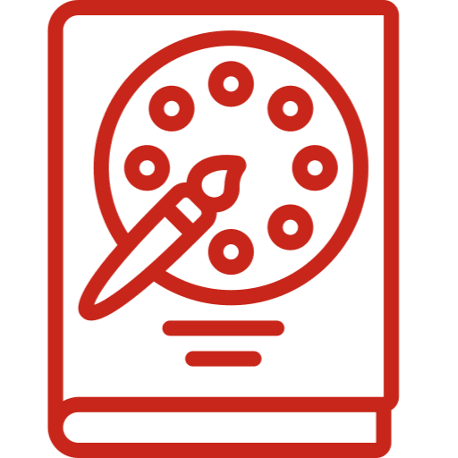 Red book with paint palette icon.