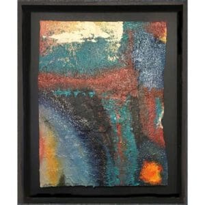 Abstract painting with vibrant colors in frame.