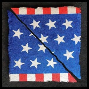 Torn American flag design on textured surface.