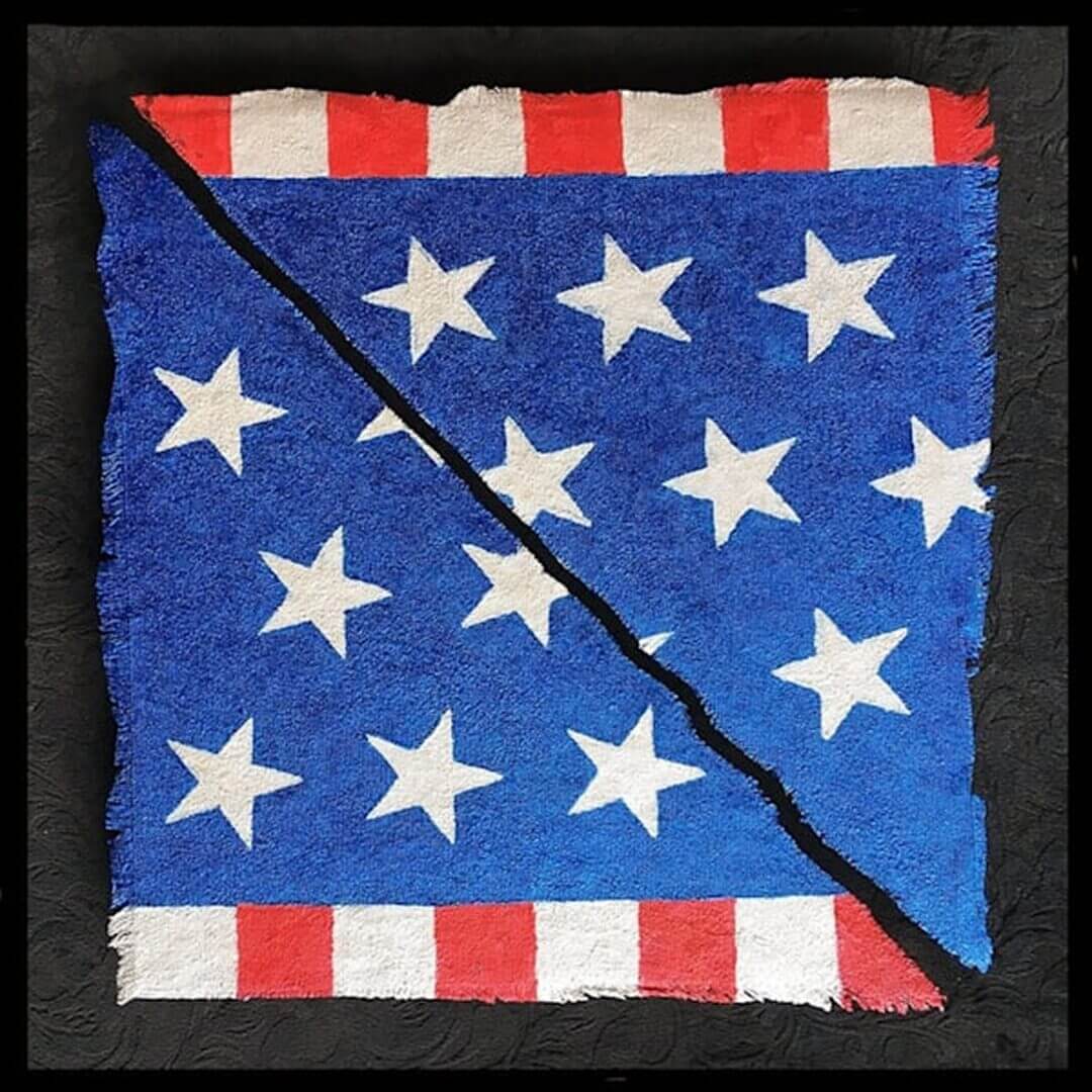 Torn American flag design on textured surface.