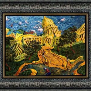 Surreal painting of a distorted capitol building.
