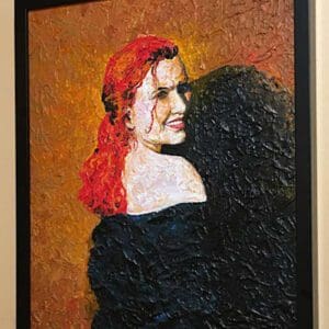Portrait painting of a smiling woman.