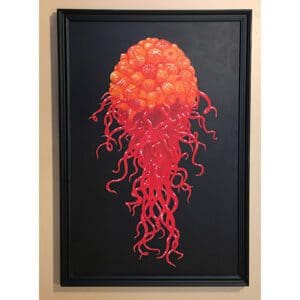 Abstract red jellyfish painting on black background.