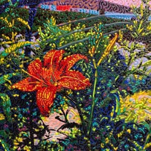 Colorful painting of an orange flower.