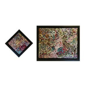Abstract art paintings with colorful circular patterns.
