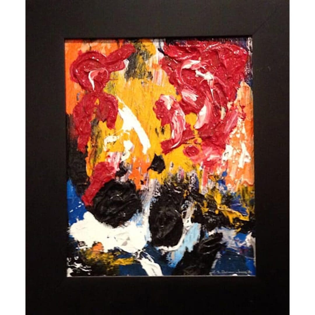 Abstract painting with vibrant red and yellow.