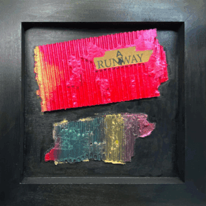 Abstract artwork with torn colorful paper labeled 'RUNAWAY' on black background.