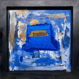 Abstract blue and orange painting with textured layers.