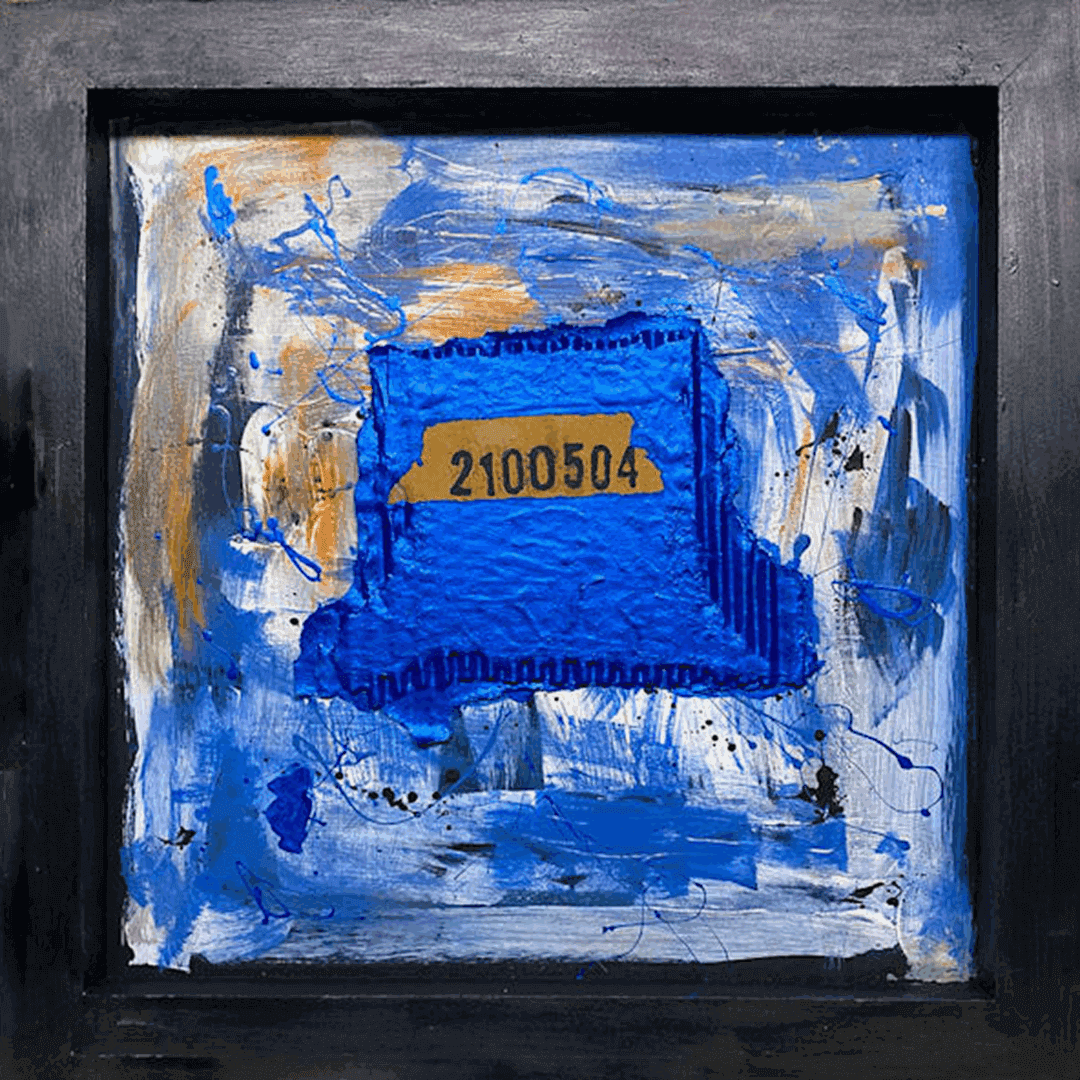 Abstract blue and orange painting with textured layers.
