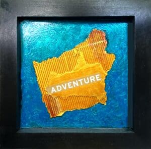 A vibrant orange map labeled 'ADVENTURE' on a textured blue background.