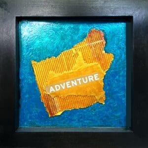 A vibrant orange map labeled 'ADVENTURE' on a textured blue background.