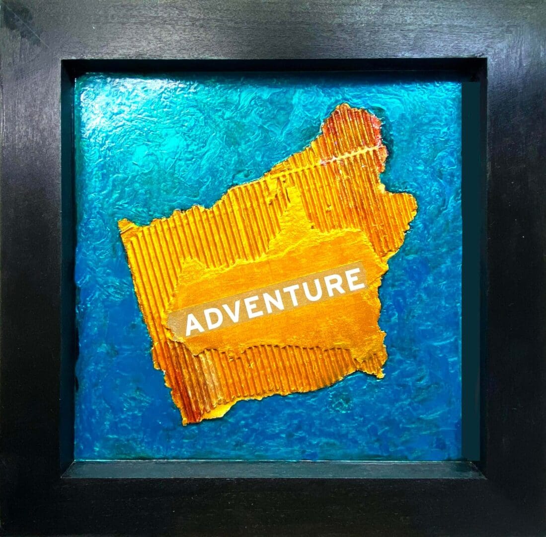 A vibrant orange map labeled 'ADVENTURE' on a textured blue background.