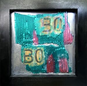 Abstract painting with bold numbers 30 and 50 in green and gold tones.