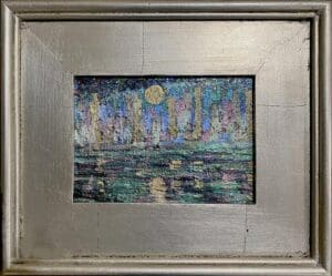 Impressionist painting of a moonlit water scene with vibrant reflections.