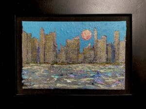 Impressionist cityscape with a glowing sunset over water.