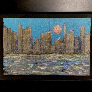 Impressionist cityscape with a glowing sunset over water.