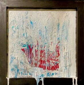 Abstract textured painting with blue and red on a white background.
