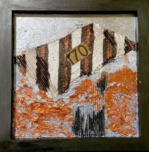 Abstract textured painting with orange, black, and white elements.