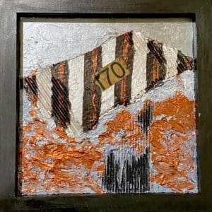 Abstract textured painting with orange, black, and white elements.