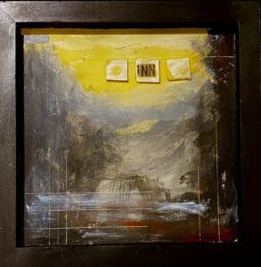 Abstract painting with dark and yellow tones and three framed elements.