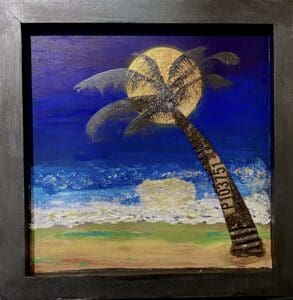 A vibrant painting of a palm tree under a bright moonlit sky at the beach.
