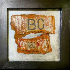 Rusty metal signs with numbers 80 and 120 inside a dark frame.