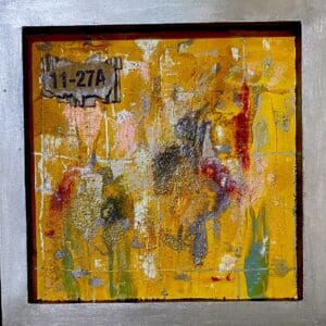 Abstract painting with yellow tones and textured layers.