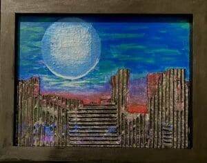 A colorful cityscape under a large glowing moon at dusk.