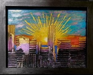 Colorful cityscape painting with a radiant sunburst.