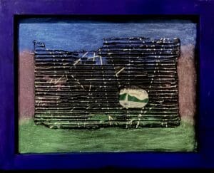 Abstract artwork with dark lines and a white shape on a layered background.