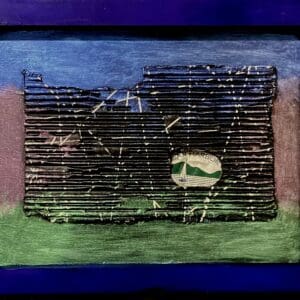 Abstract artwork with dark lines and a white shape on a layered background.