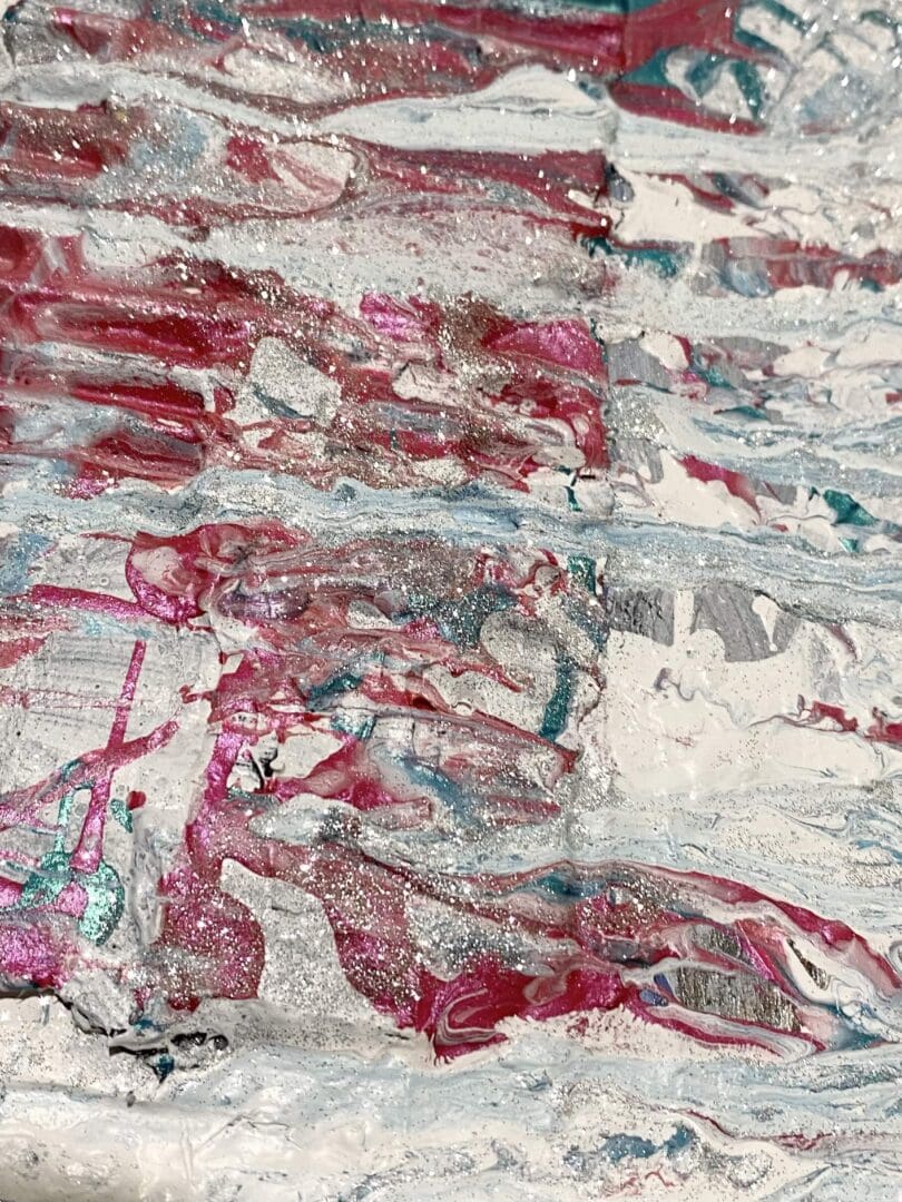 Abstract painting with red, blue, and white brush strokes.