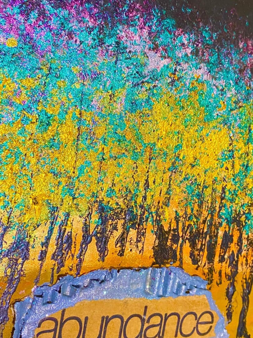 Colorful abstract painting of trees with yellow leaves and blue water.