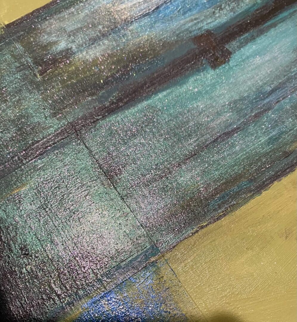 Close-up of a textured painting with green, blue, and yellow hues.