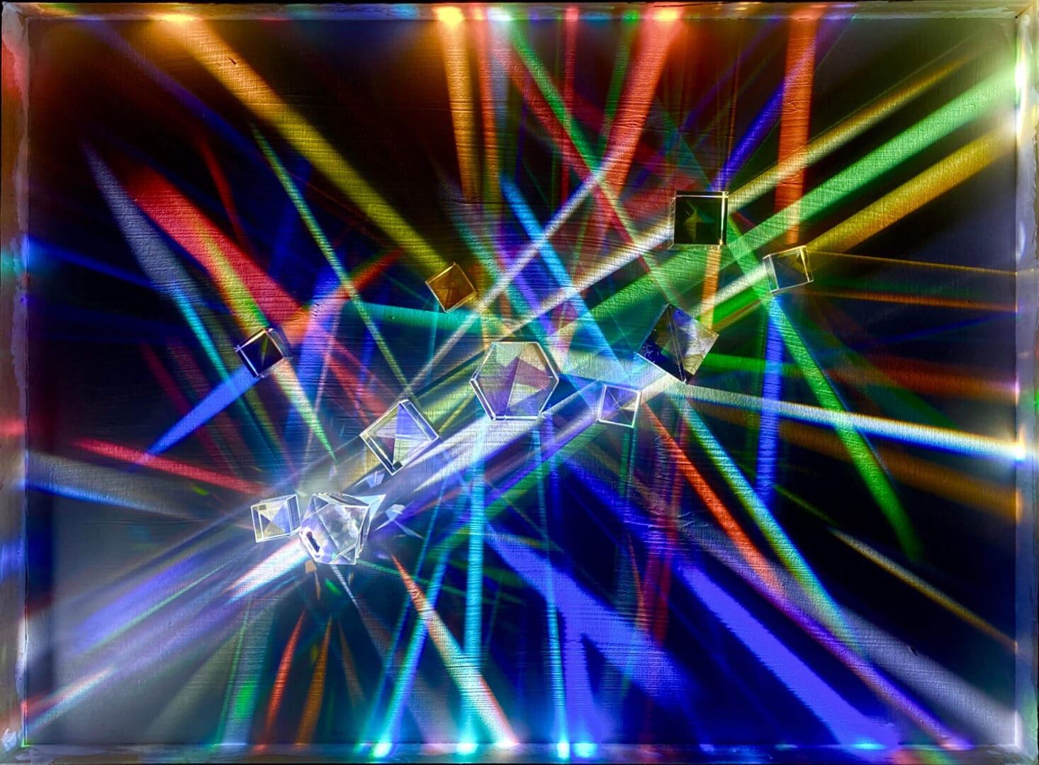 DJ performing with vibrant colorful laser lights at a nightclub.