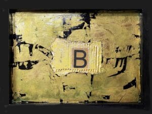 Abstract artwork featuring a large letter B on a textured yellow and black background.