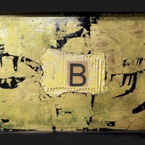 Abstract artwork featuring a large letter B on a textured yellow and black background.