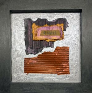 Abstract artwork with layered textures and contrasting colors.