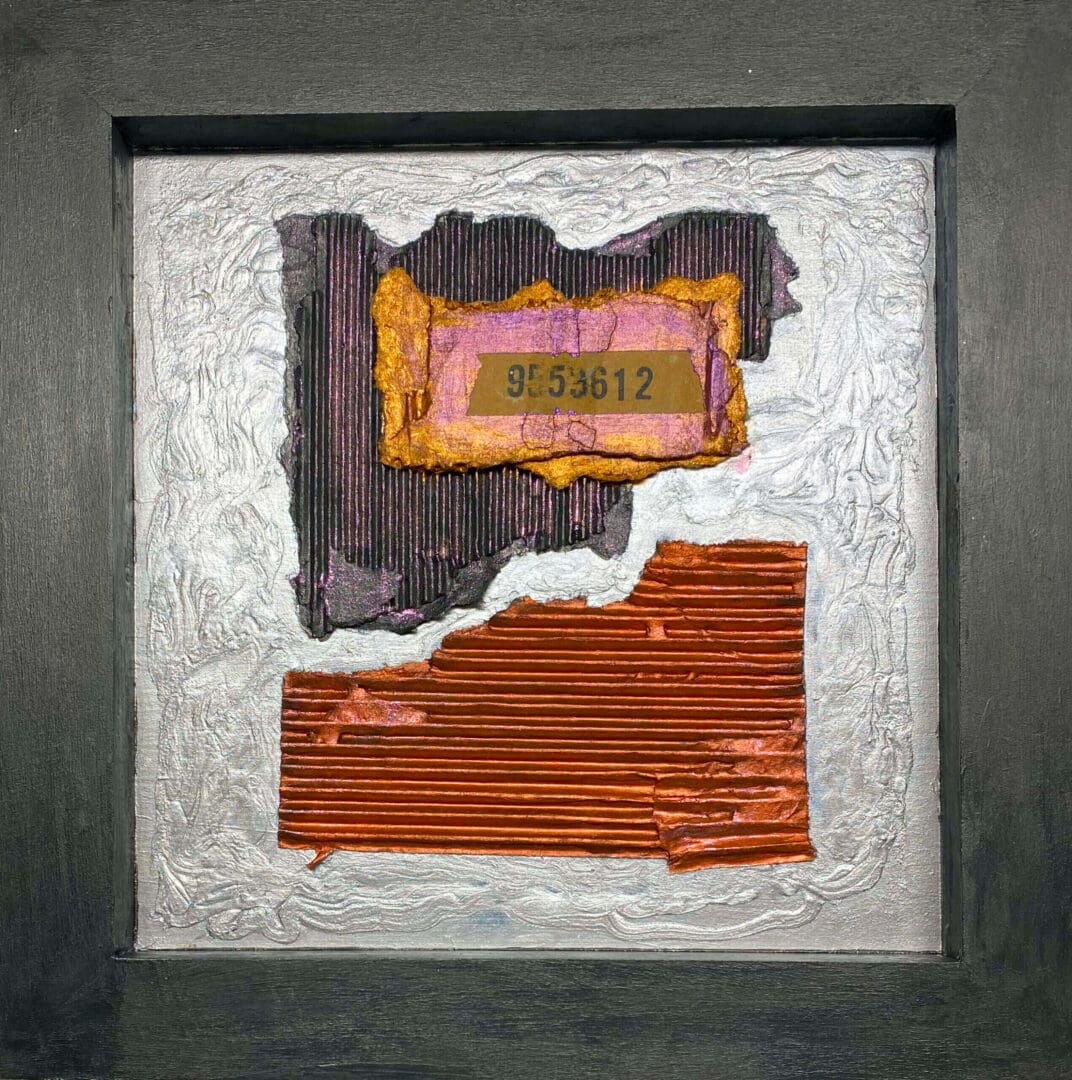 Abstract artwork with layered textures and contrasting colors.