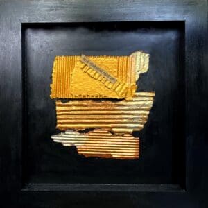 Abstract sculpture with layered, textured orange and yellow elements on a black background.
