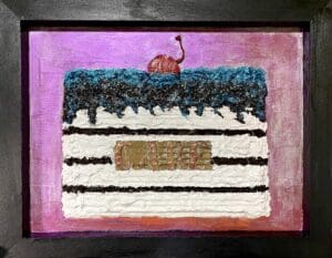 Artistic painting of a layered cake with a small animal on top against a pink background.