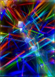 Colorful laser beams crisscross in a vibrant, abstract light show.